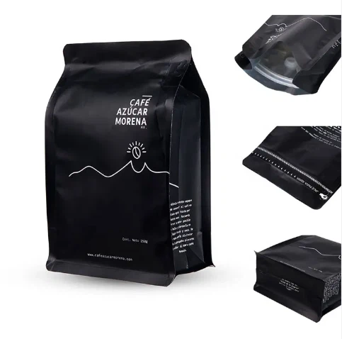 Sacos de café de fundo plano preto de plástico com logotipo impresso personalizado para café por atacado, embalagem com válvula e zíper